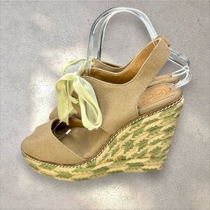 Tory Burch Espadrille Linley Wedge Sandals Brown Canvas with Green/Tan Jute 8M